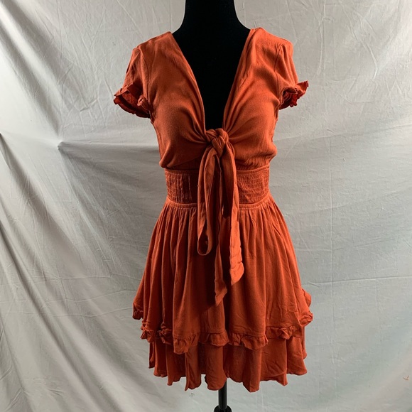 Boho Rust Tie Front Ruffle Hem Dress* - Picture 6 of 9